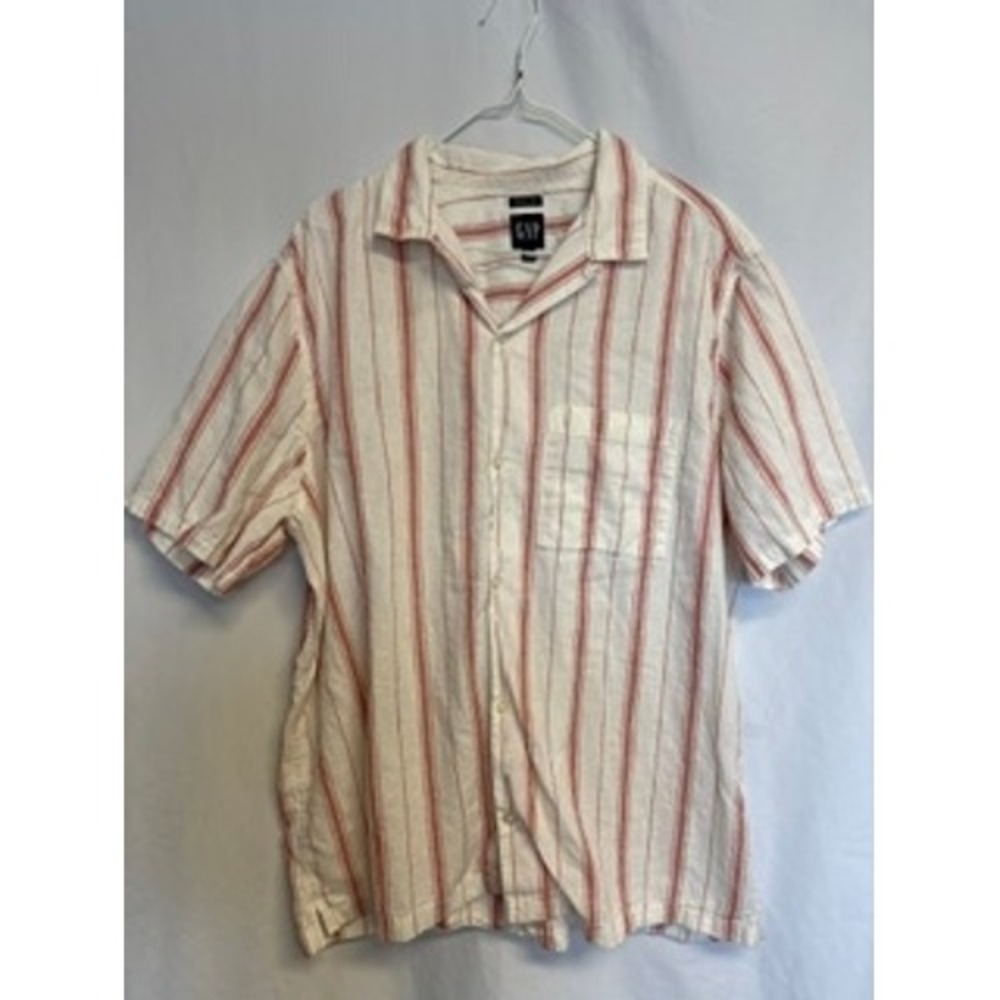 GAP Mens XL Linen Blend Pink Striped Short Sleeve Button Down Camp Collar Shirt